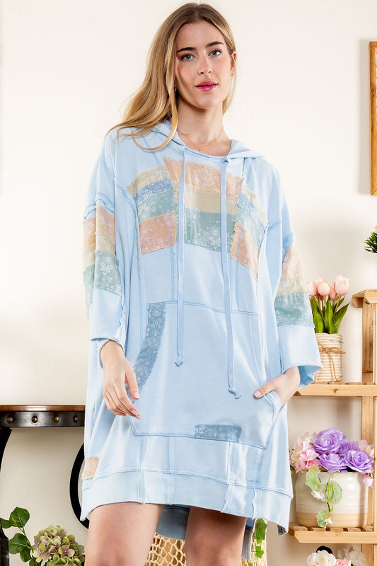 "Celi" Patchwork Long Hoodie in Blue