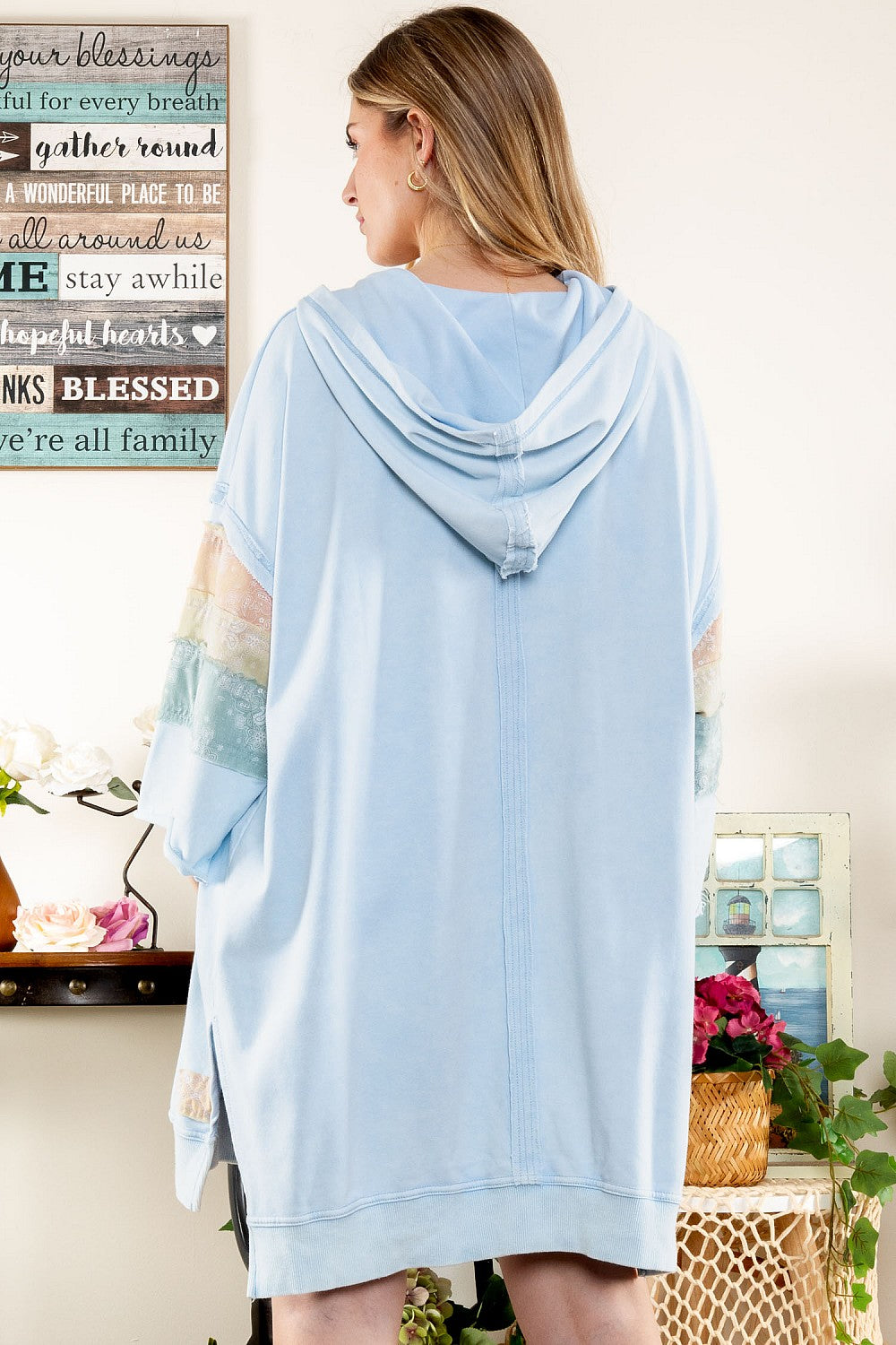 "Celi" Patchwork Long Hoodie in Blue