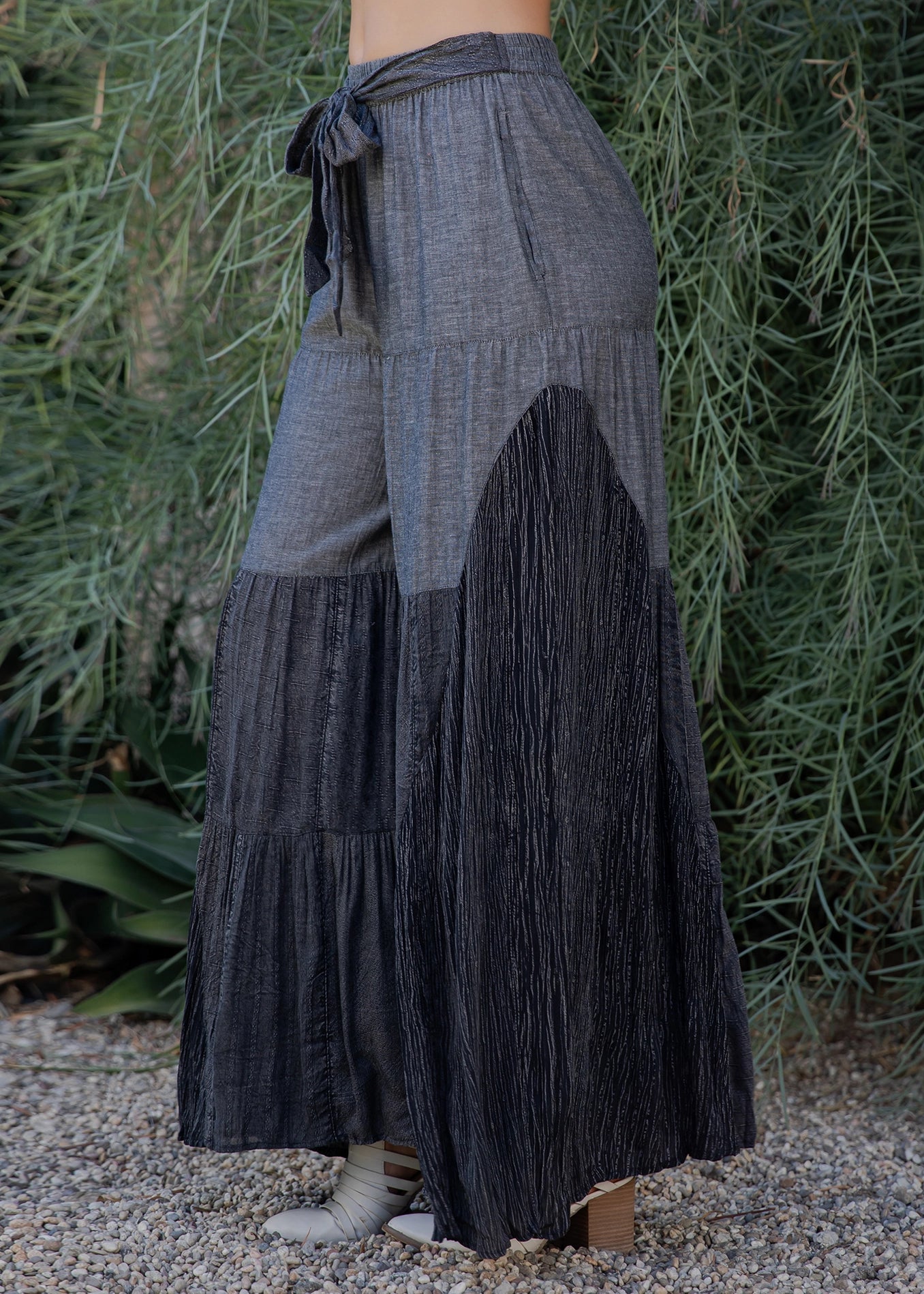 "Cascade" Chambray Paneled Tiered Pants in Black