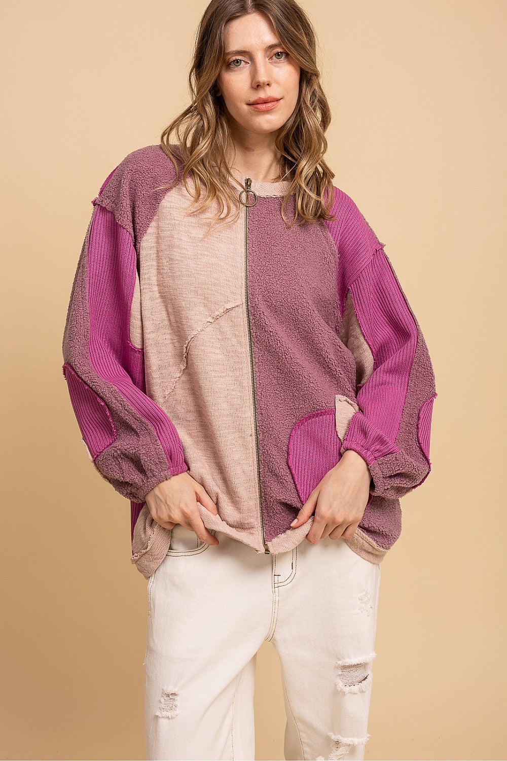 "Abalone" Textured Zip Up Shirt Jacket Pinks