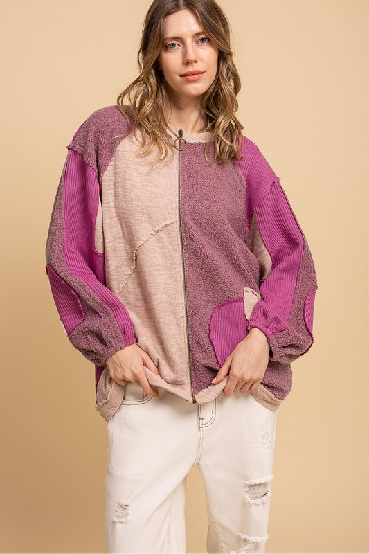 "Abalone" Textured Zip Up Shirt Jacket Pinks