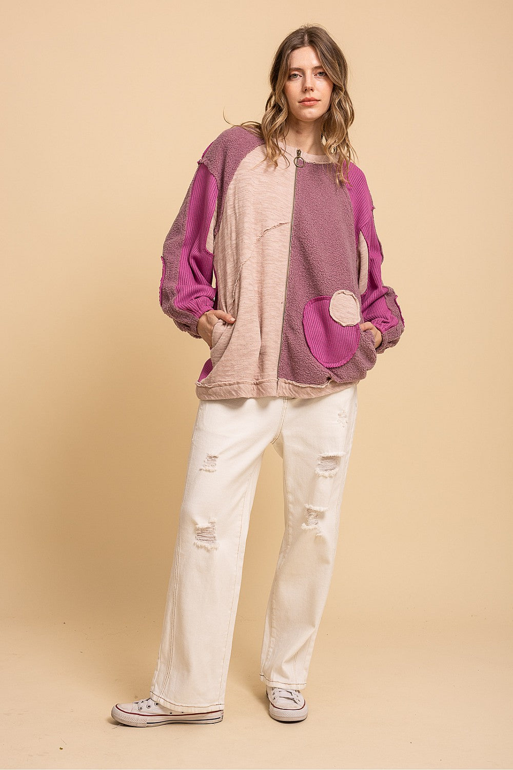 "Abalone" Textured Zip Up Shirt Jacket Pinks