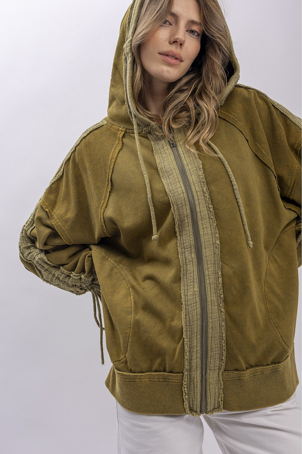 "Martini" Front Zip Hooded Jacket in Olive