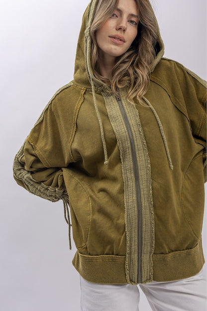 "Martini" Front Zip Hooded Jacket in Olive