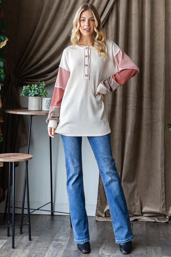 "Pink Lights" Ribbed Color Block Top in Cream and Pinks