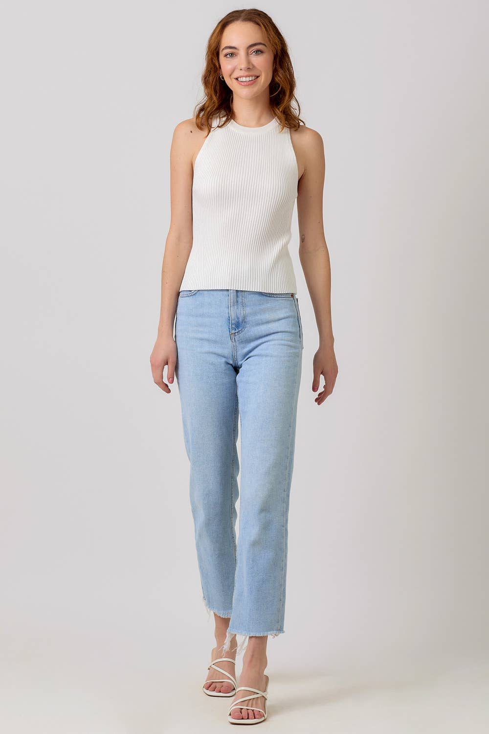 "Route 66" Halter Neck Ribbed Tank in Ivory