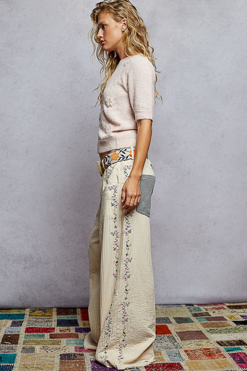 "Driftwood" Sand Beige Lace Detail Double Gauze Pants
