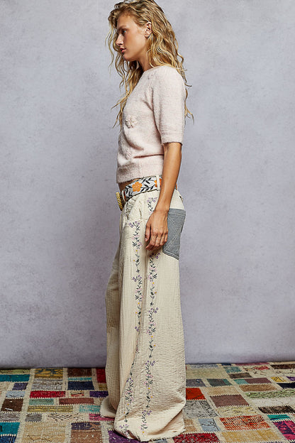 "Driftwood" Sand Beige Lace Detail Double Gauze Pants