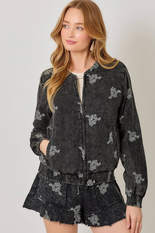 "Roseanna" Embroidery Bomber Jacket in Washed Black