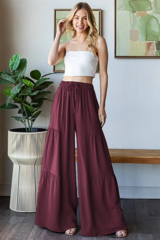 "Janine Burgundy" Wide Leg Tiered Pants in Burgundy