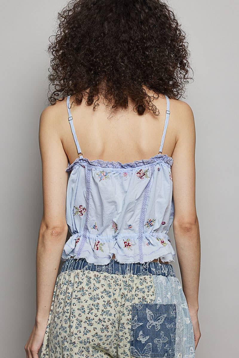 "Delight" Embroidered Poplin Top in Baby Blue