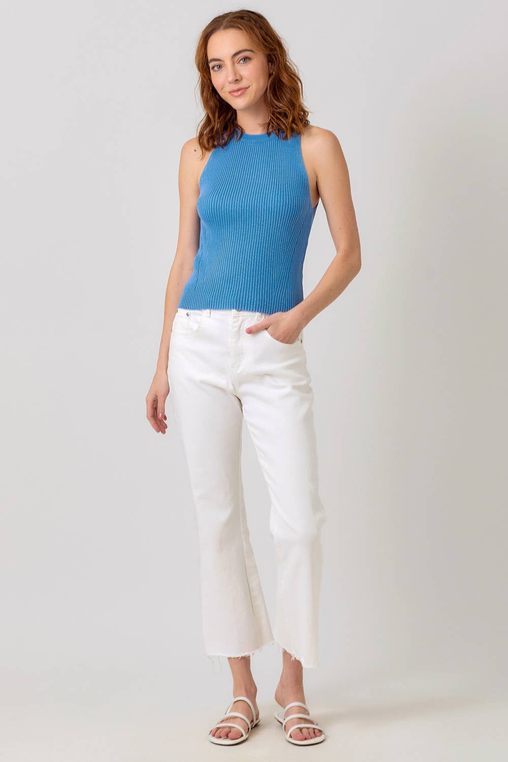 "Route 66" Halter Neck Ribbed Tank in Blue