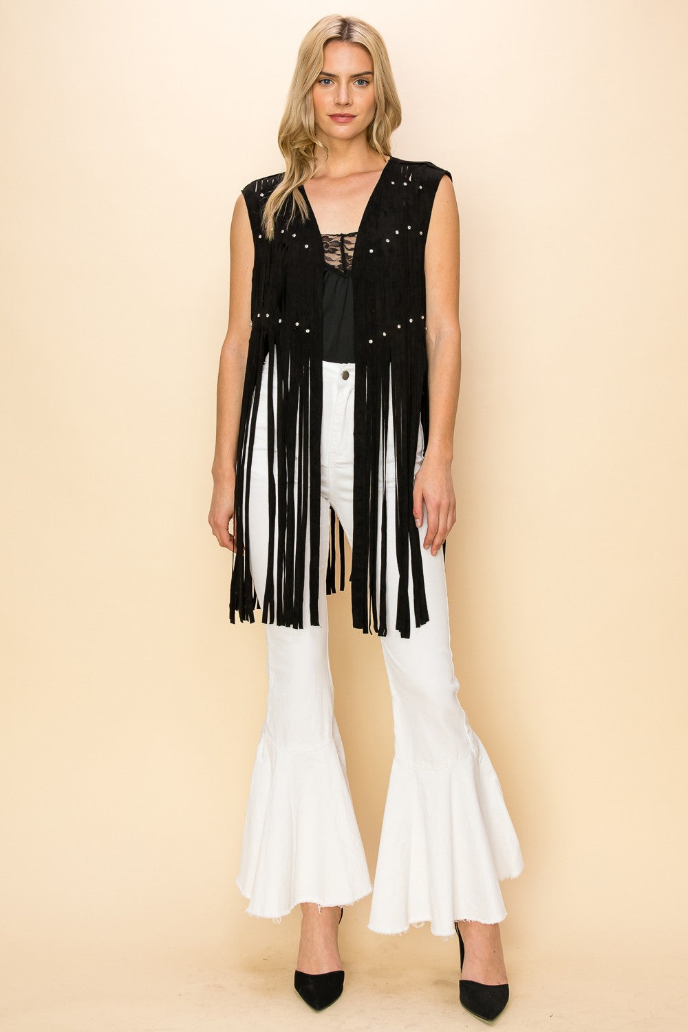 "Dolly" Laser Cut Long Fringe Suede Vest in Black