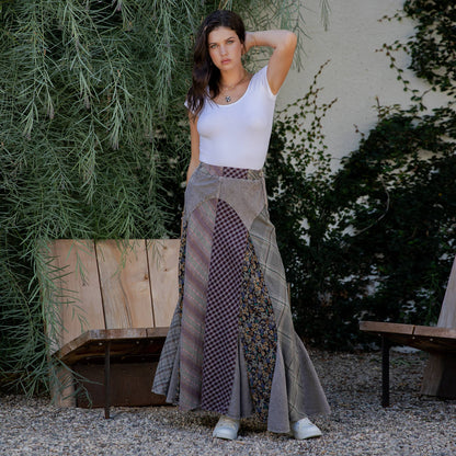 "Sarah" Prairie Maxi Skirt Denim & Lace in Latte