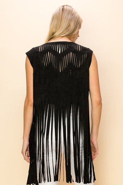 "Dolly" Laser Cut Long Fringe Suede Vest in Black