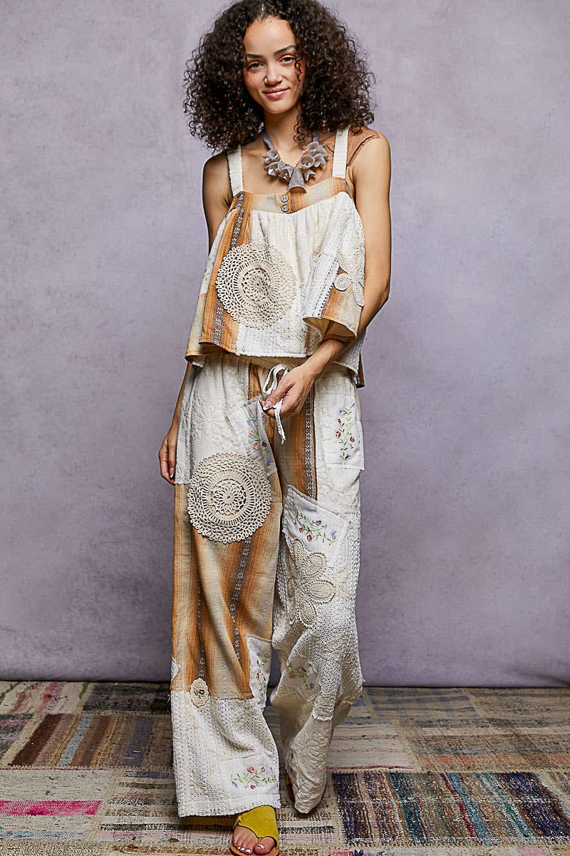 "Deacon" Patchwork Wide Leg Pants in Ivory Chocolate