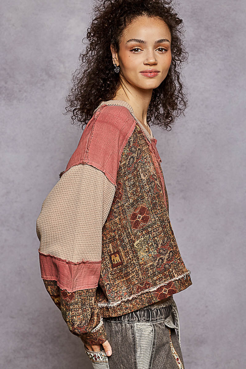 "Pamela" Jacquard Print Shirt in Brick