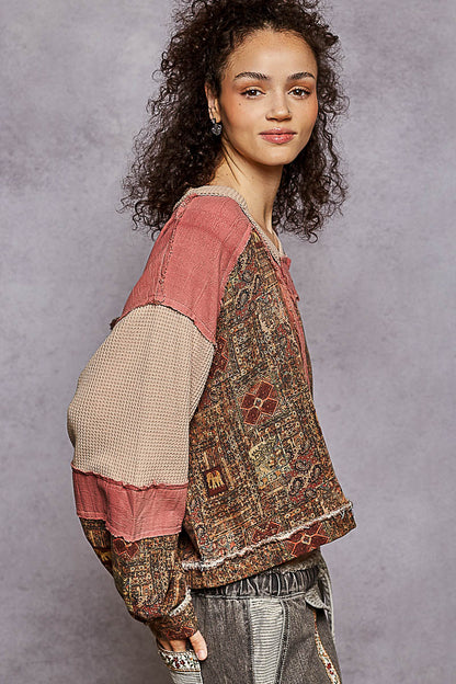 "Pamela" Jacquard Print Shirt in Brick