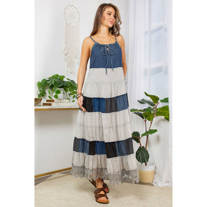 "Prairie" Denim Halter Neck Summer Dress in Grey