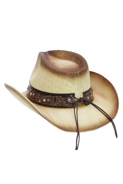 "Heart Bling" Rhinestone Belt Ombre Straw Cowboy Hat
