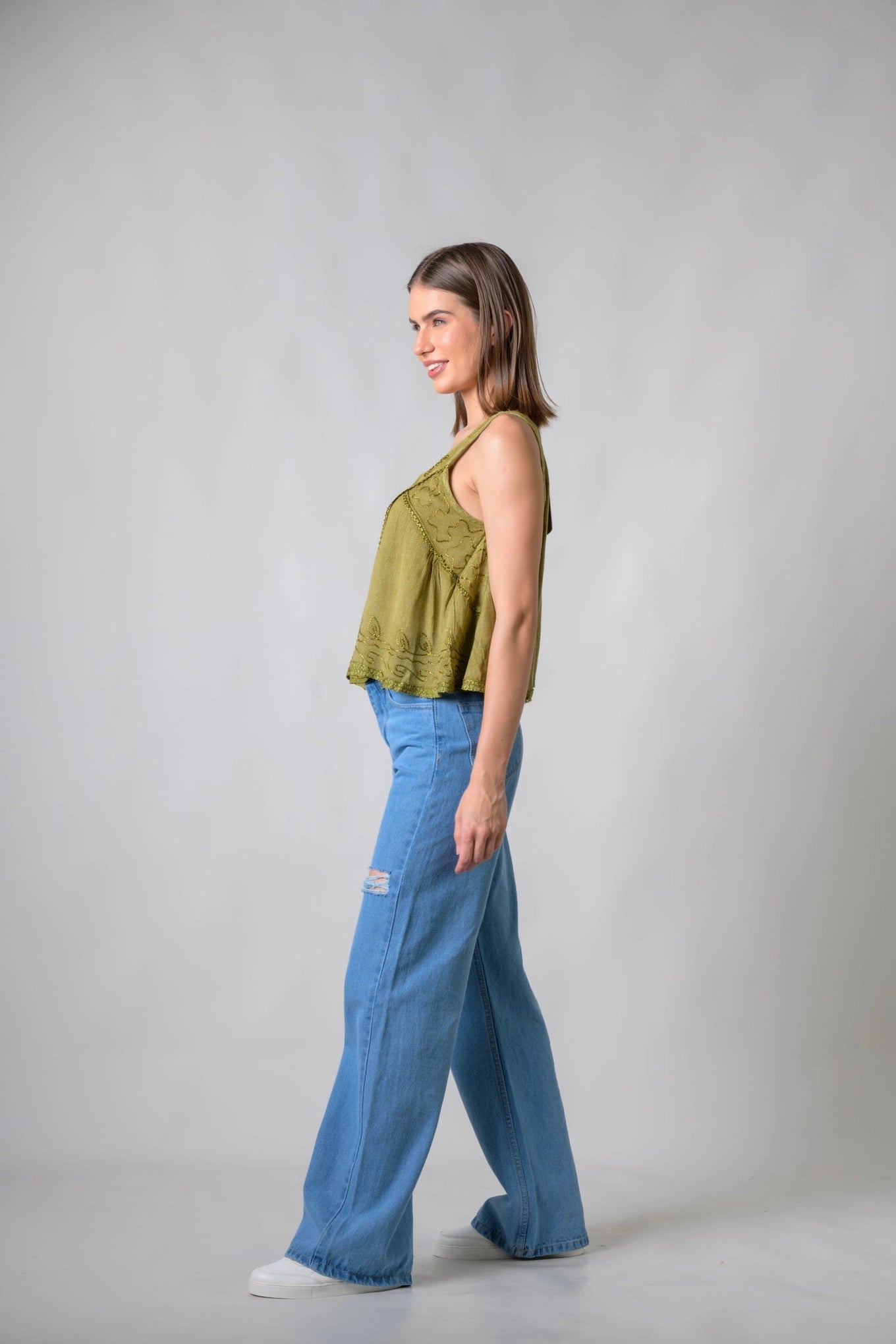 "Petticoat" Sleeveless Viscose Tank Top in Olive Green