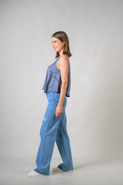 "Petticoat" Sleeveless Viscose Tank Top in Grey/Blue