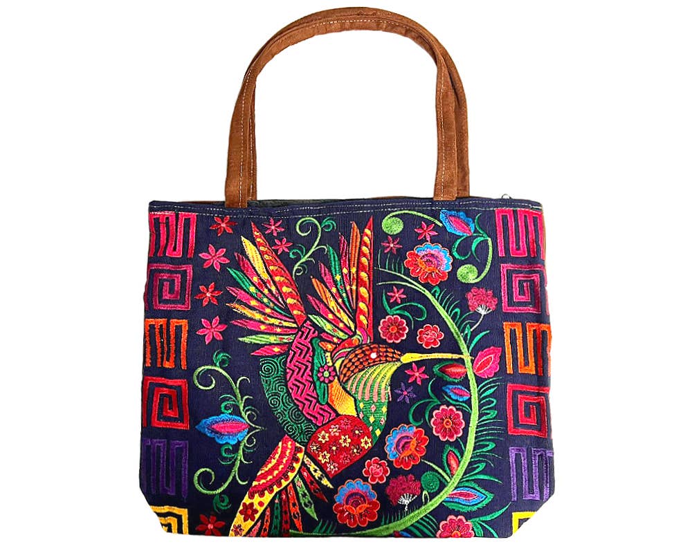 "Boho Hummie" Embroidered Floral Hummingbird Tote Bag