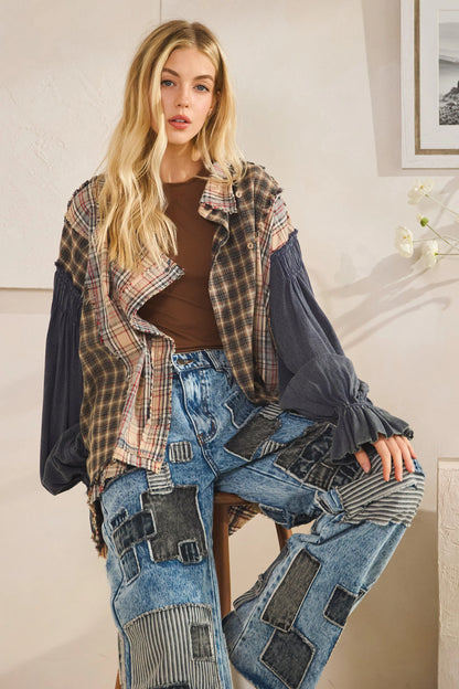 "Painterly" Navy Asymmetrical Plaid Button Up Shirt