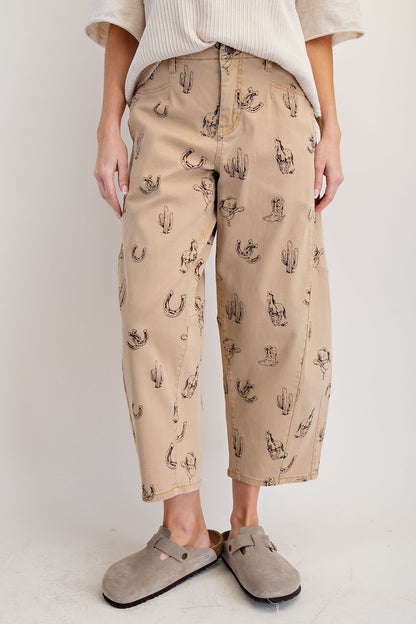 "Cowgirls" Tan Western Motif Twill Barrel Pants
