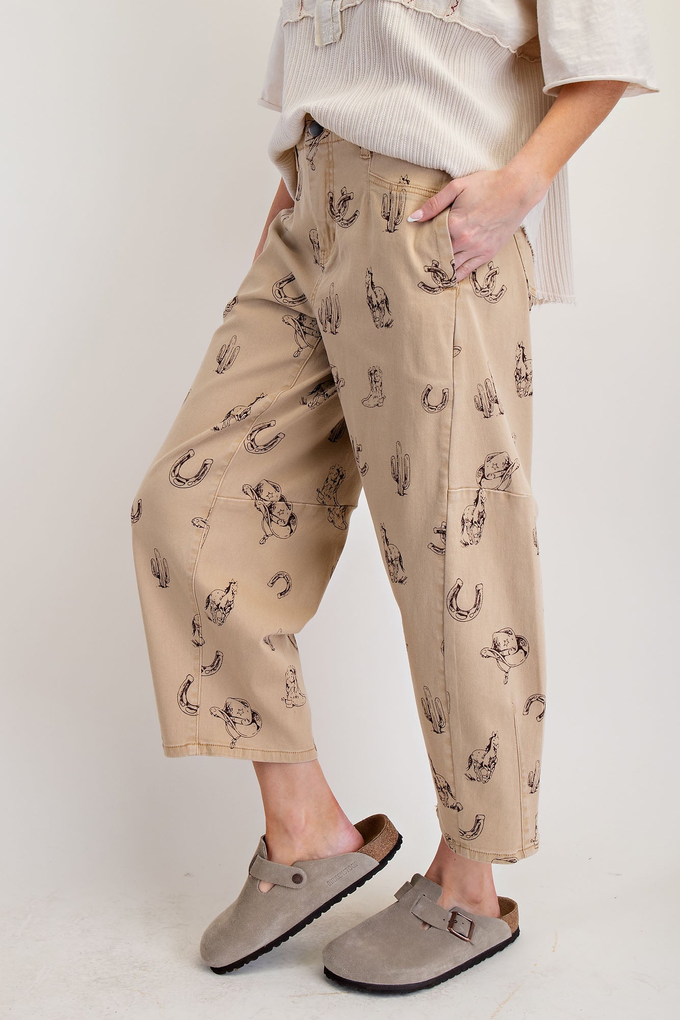 "Cowgirls" Tan Western Motif Twill Barrel Pants