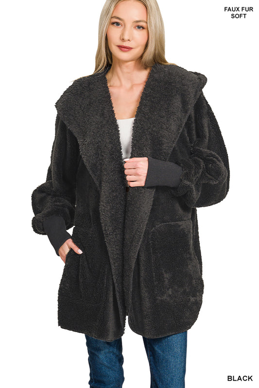 "Knight" Hooded Faux Fur Fuzzy Jacket in Black