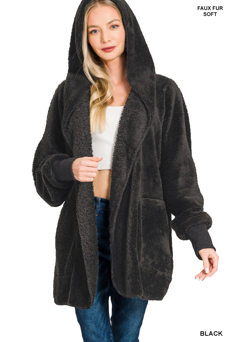 "Knight" Hooded Faux Fur Fuzzy Jacket in Black