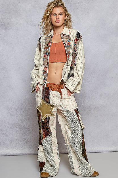 "Trident" Patchwork Shirt Shacket in Ivory