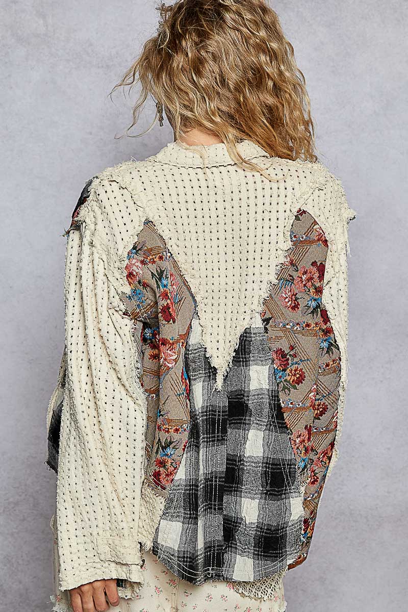 "Trident" Patchwork Shirt Shacket in Ivory