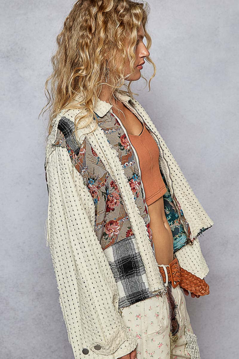 "Trident" Patchwork Shirt Shacket in Ivory