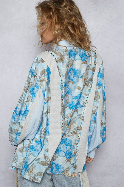 "Blue Dream" Blue Studded Floral Blouse