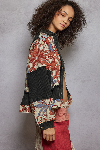 "Deanna" Black Red Floral Peplum Thermal Jacket