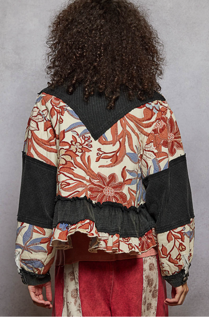 "Deanna" Black Red Floral Peplum Thermal Jacket