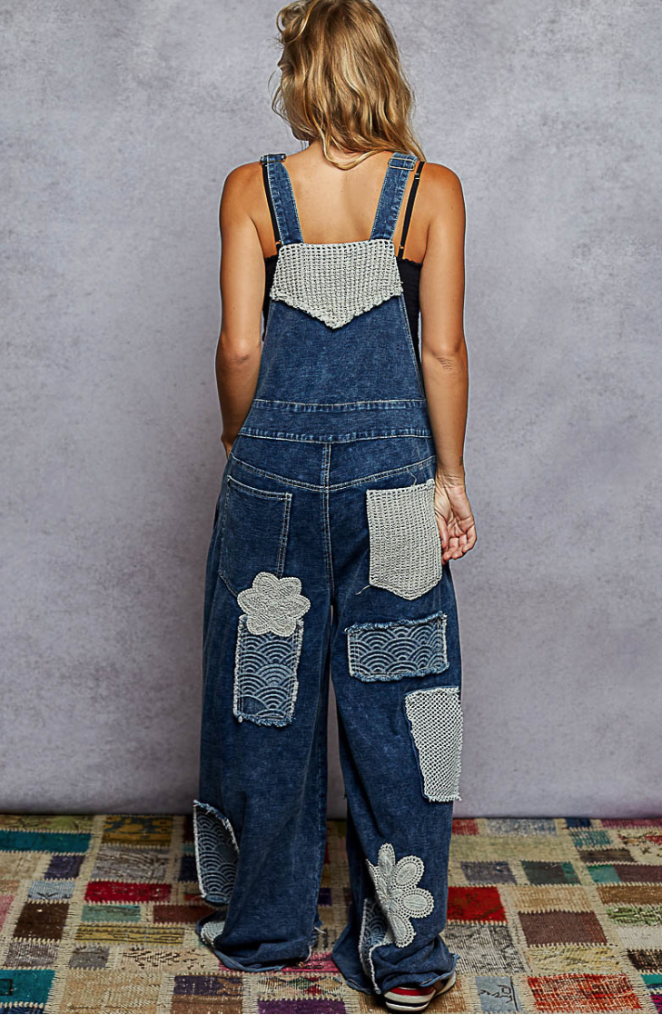 "Rock the Band" Patchwork Overalls in Indigo Blue