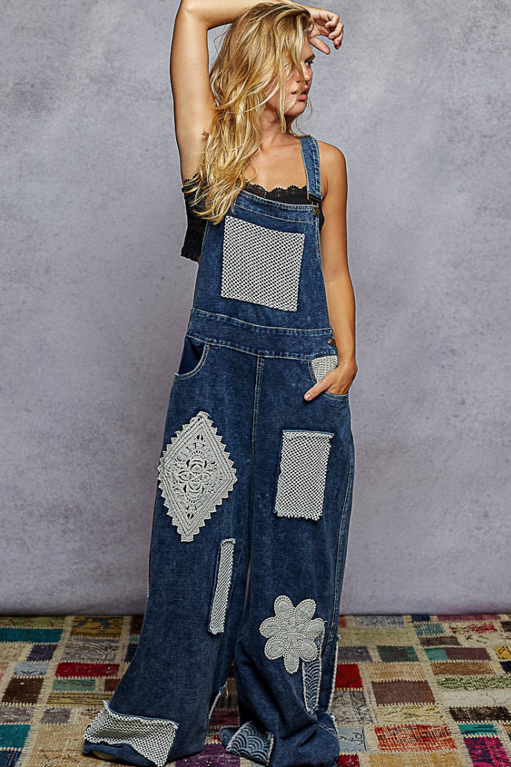 "Rock the Band" Patchwork Overalls in Indigo Blue