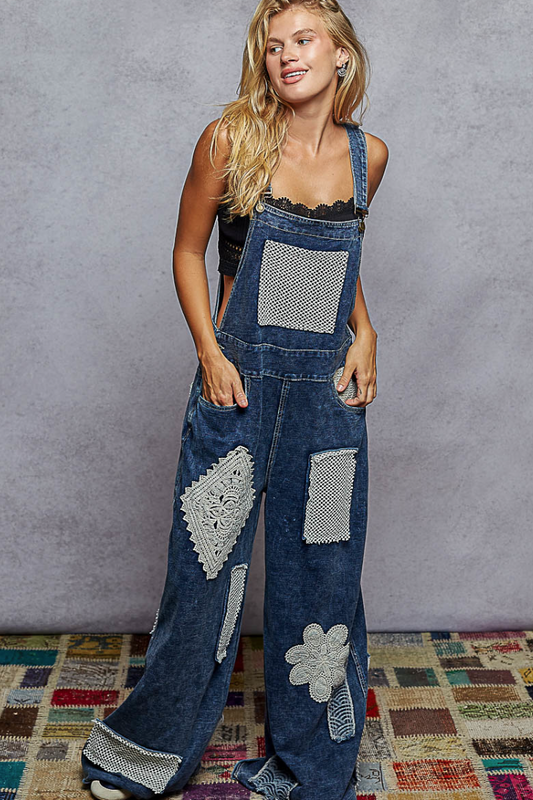 "Rock the Band" Patchwork Overalls in Indigo Blue