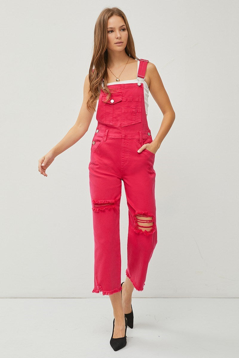 "Lou" Distressed Overalls in Fuchsia Pink