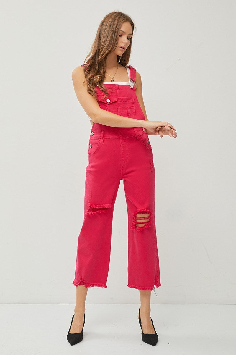 "Lou" Distressed Overalls in Fuchsia Pink