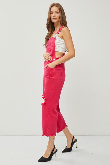 "Lou" Distressed Overalls in Fuchsia Pink