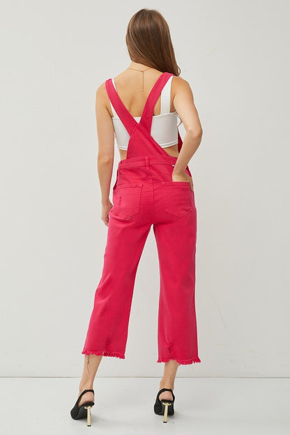 "Lou" Distressed Overalls in Fuchsia Pink