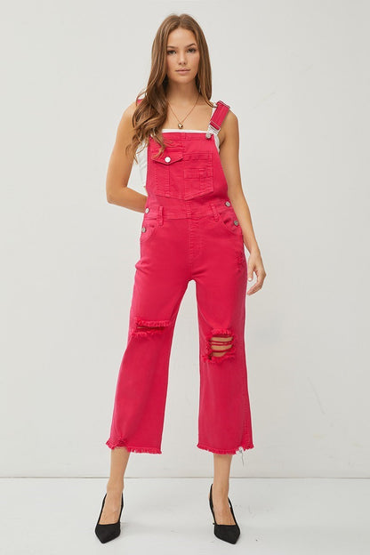 "Lou" Distressed Overalls in Fuchsia Pink