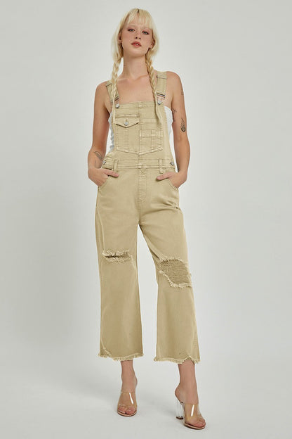 "Lou" Distressed Overalls in Sand Khaki