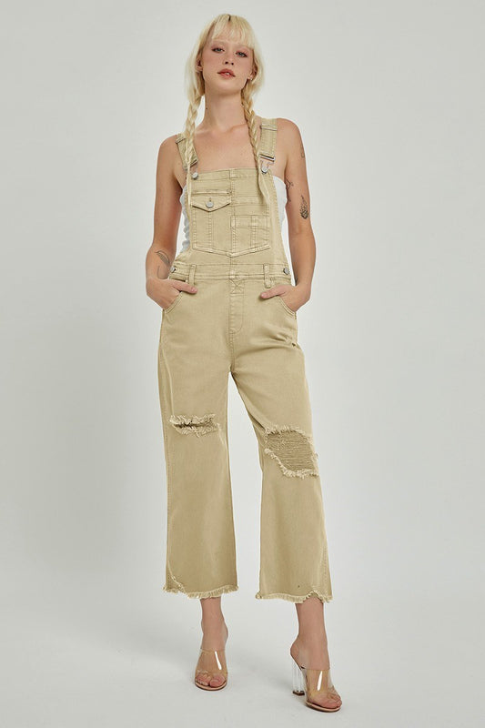 "Lou" Distressed Overalls in Sand Khaki