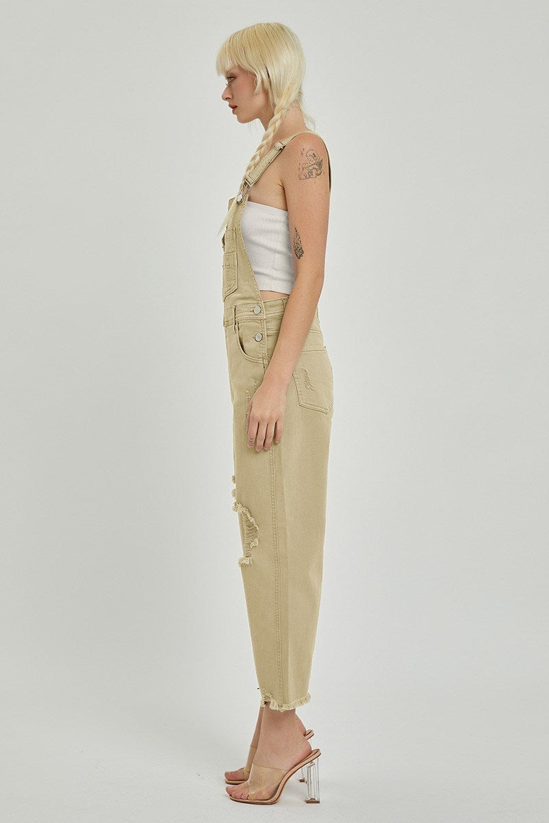 "Lou" Distressed Overalls in Sand Khaki