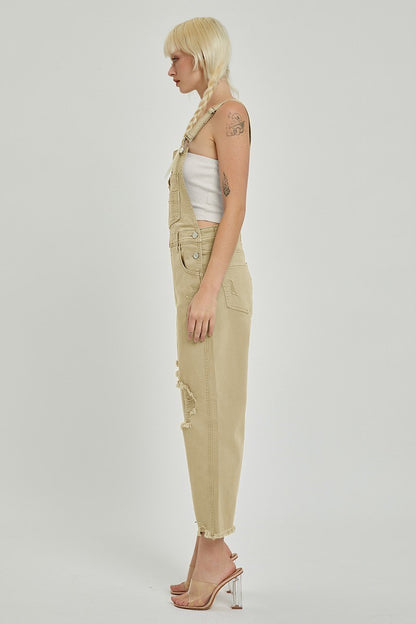 "Lou" Distressed Overalls in Sand Khaki